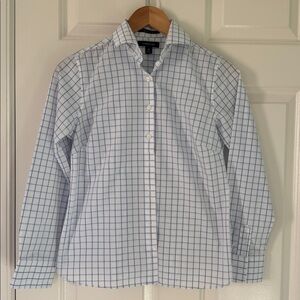 Land’s End Women Long Sleeve White and Blue Grid Wrinkle-Free Shirt Size 2P